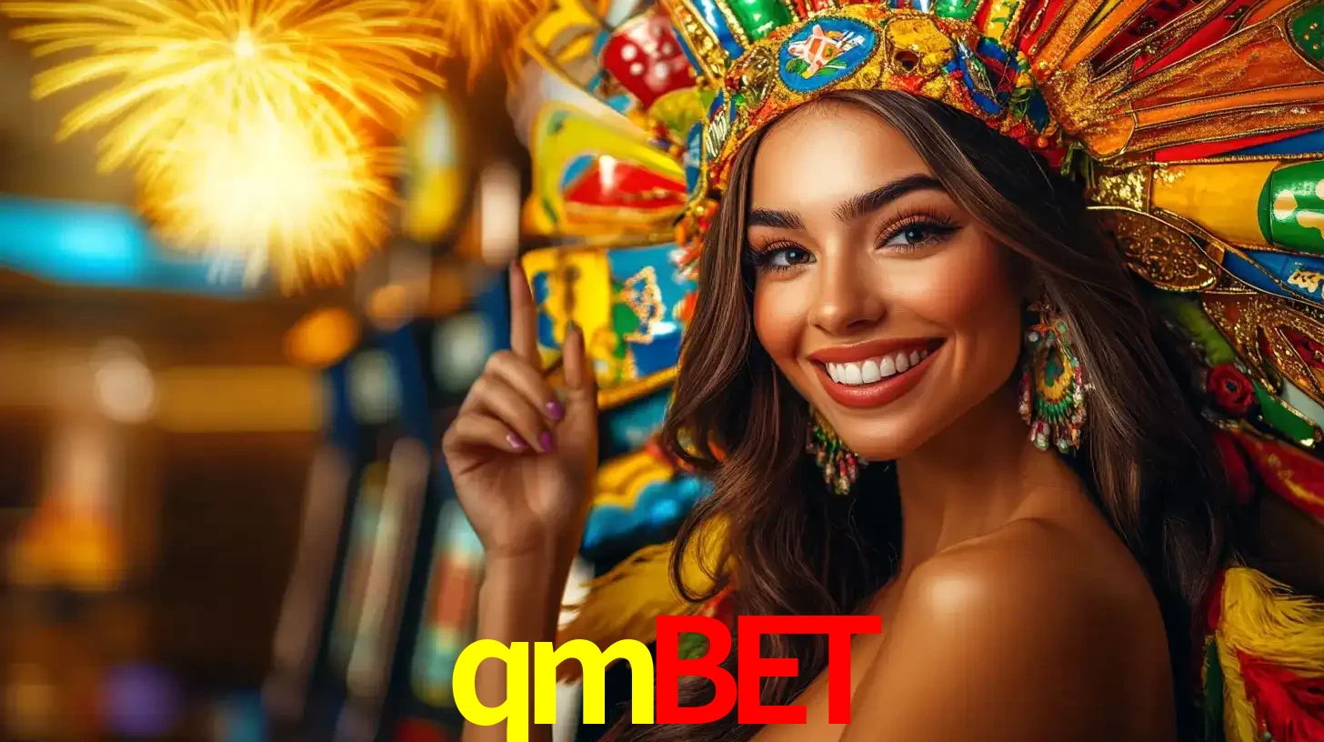 Mulher sorridente com um cocar de carnaval vibrante e colorido, celebrando uma grande vitória nos jogos do cassino qmbet com fogos de artifício ao fundo.