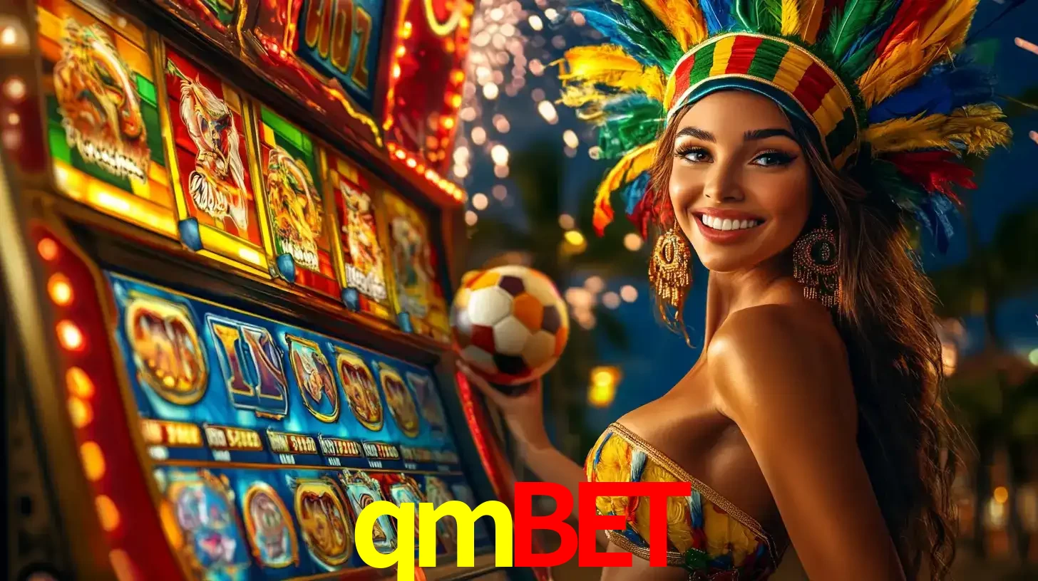 Mulher com um cocar de carnaval ao lado de uma máquina de caça-níqueis enquanto segura uma bola de futebol, mostrando a união da diversão de cassino e esportes no qmbet.