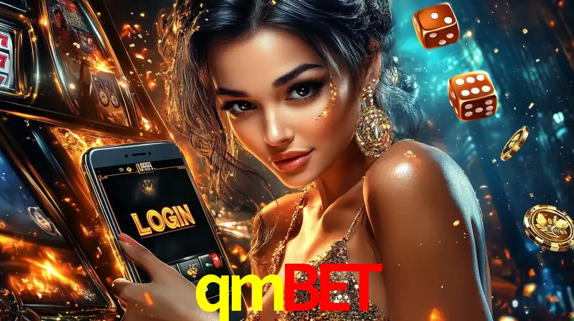 Mulher glamourosa segurando um celular com a tela de login do cassino qmbet, rodeada por dados e moedas douradas, pronta para começar a diversão.