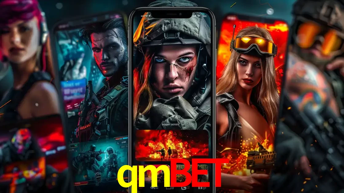 Montagem de telas de celular mostrando diversos personagens, masculinos e femininos, de um jogo de tiro, ilustrando a diversidade de equipes de e-sports para apostar no qmbet.