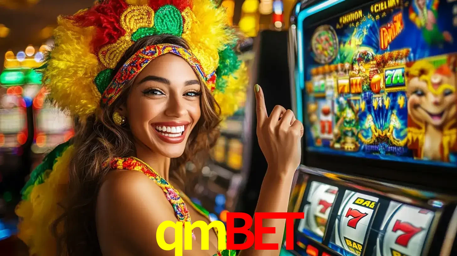 Mulher animada com um cocar de carnaval apontando para uma máquina de caça-níqueis, mostrando a emoção de ganhar um grande prêmio nos jogos do qmbet.