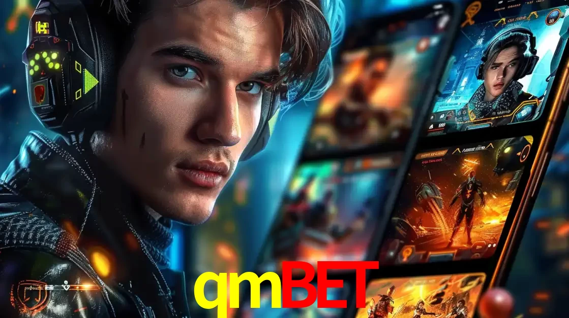 Jovem jogador com fones de ouvido olhando para a câmera, com um aplicativo de jogos e e-sports para celular ao fundo, pronto para a competição e apostas no qmbet.