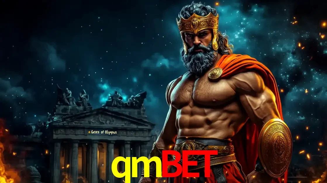 O poderoso Zeus do jogo de slot Gates of Olympus em frente ao seu templo, pronto para lançar multiplicadores divinos e prêmios épicos no cassino online qmbet.