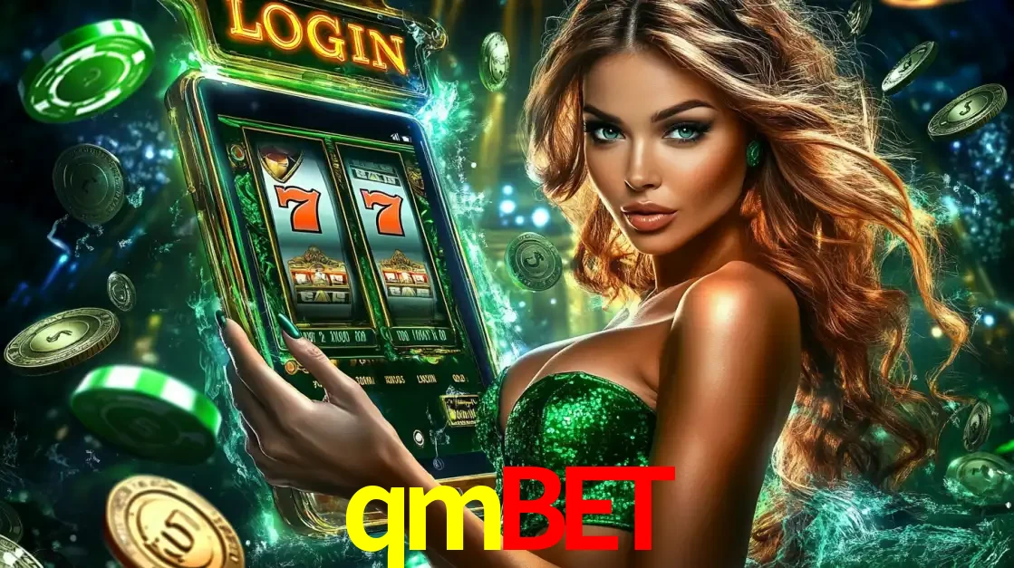 Mulher com tema verde apresentando o aplicativo do cassino qmbet com um jogo de slot de 777, cercada por fichas de cassino e uma aura de sorte.