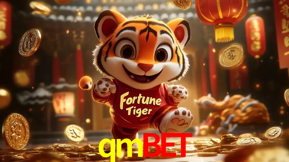 O alegre personagem do Fortune Tiger correndo sobre um caminho de moedas de ouro, simbolizando os grandes prêmios e a diversão do popular jogo de slot do qmbet.