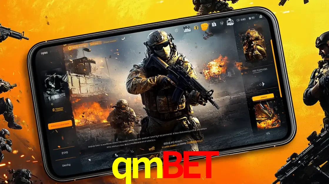 Um smartphone exibindo a interface de um jogo de tiro em primeira pessoa, com um soldado em um cenário de batalha, representando a ação dos e-sports para apostar no qmbet.
