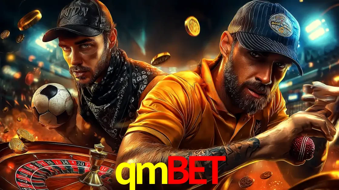 Montagem de apostas esportivas e cassino no qmbet, com um homem segurando uma bola de futebol e outro uma de beisebol sobre uma roleta e moedas voadoras.