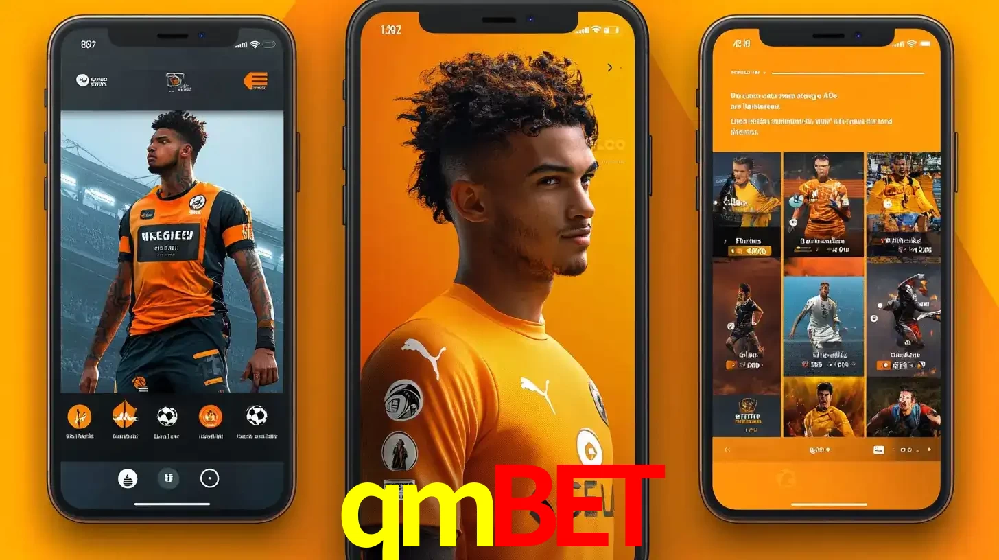 Interface do aplicativo de apostas esportivas qmbet em três telas de celular, mostrando o perfil de um jogador de futebol e a lista de jogos disponíveis para apostar.