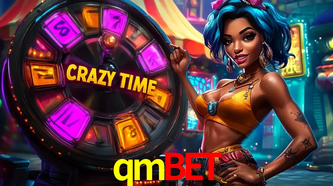 Mulher estilizada com cabelo azul e visual vibrante posando ao lado da roda de prêmios do game show Crazy Time, convidando para a diversão e os bônus do cassino qmbet.