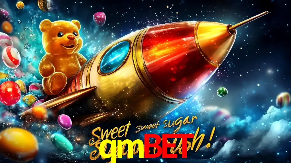 Arte promocional do jogo de slot Sugar Rush, com um urso de pelúcia em um foguete viajando pelo espaço de doces, um dos jogos divertidos disponíveis no cassino qmbet.