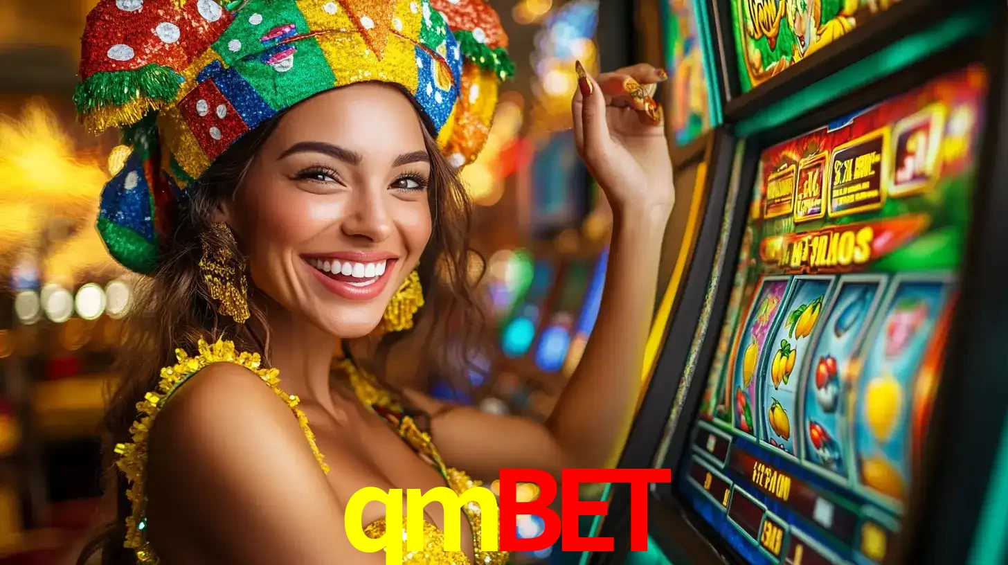 Mulher feliz com traje de carnaval amarelo e colorido ao lado de uma máquina de caça-níqueis, aproveitando a diversão e os jogos temáticos do cassino qmbet.