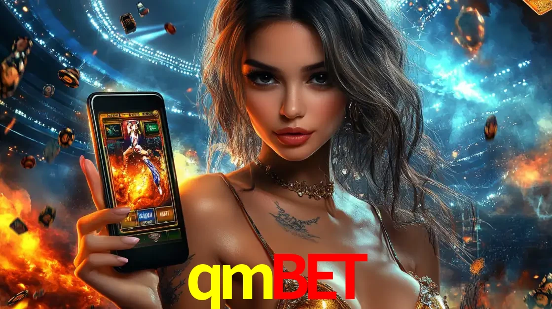 Mulher segurando um celular com um jogo de slot em destaque, tendo como fundo um estádio vibrante, simbolizando a emoção de jogar no cassino móvel qmbet.