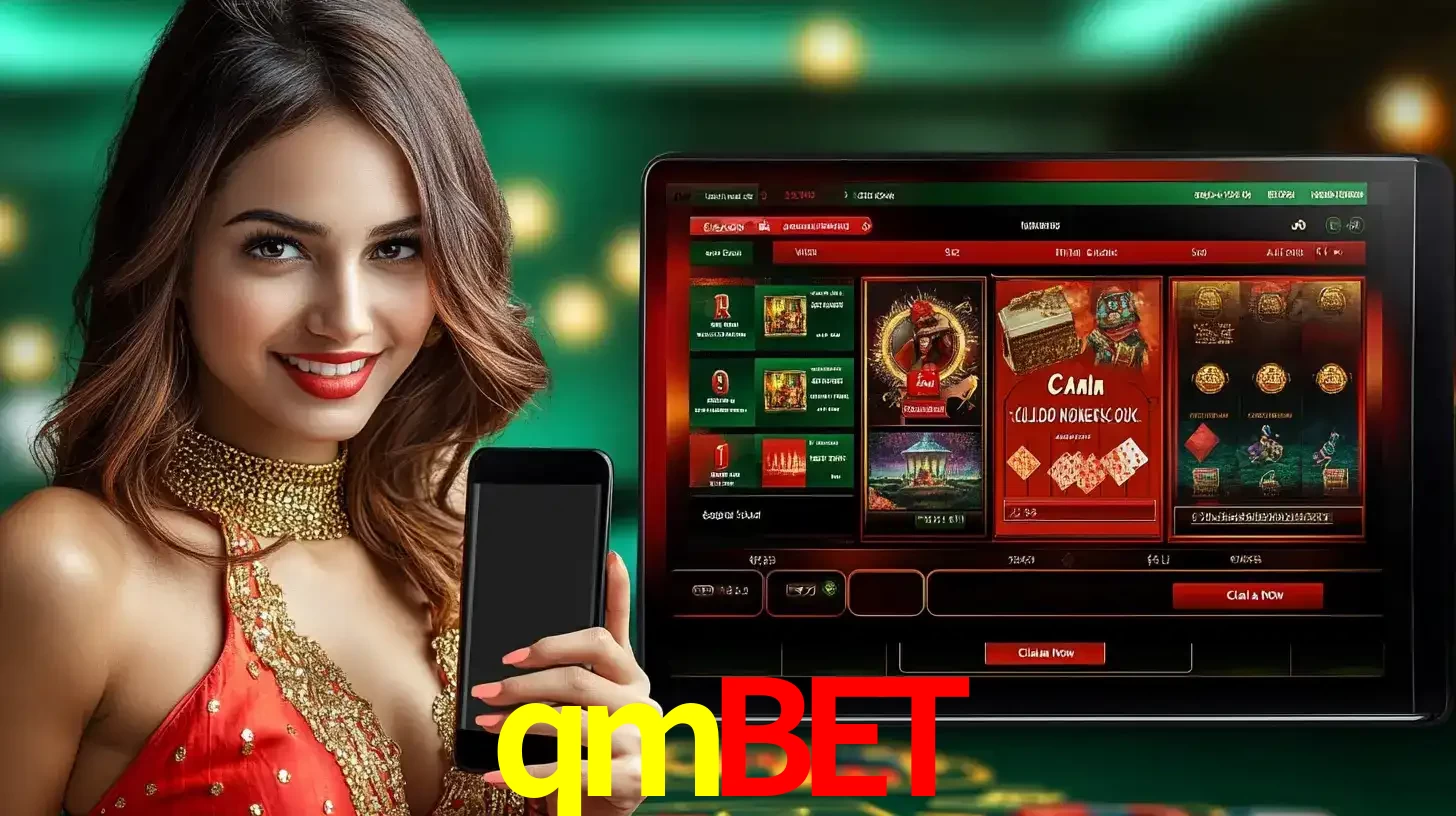 Mulher sorridente segurando um smartphone, ao lado de uma tela exibindo o lobby de jogos do cassino online qmbet, com várias opções de jogos de cartas e slots.